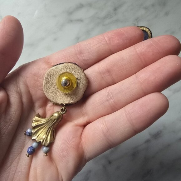 Vintage French Blue Beaded And Leather Gold and Mutlicolor Earrings - Picture 2 of 2